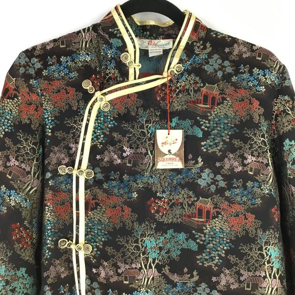 Vintage Solz Squirrel Satin Asian Jacket Womens sz L Black Multi 3/4 Sleeve NEW - Picture 2 of 11